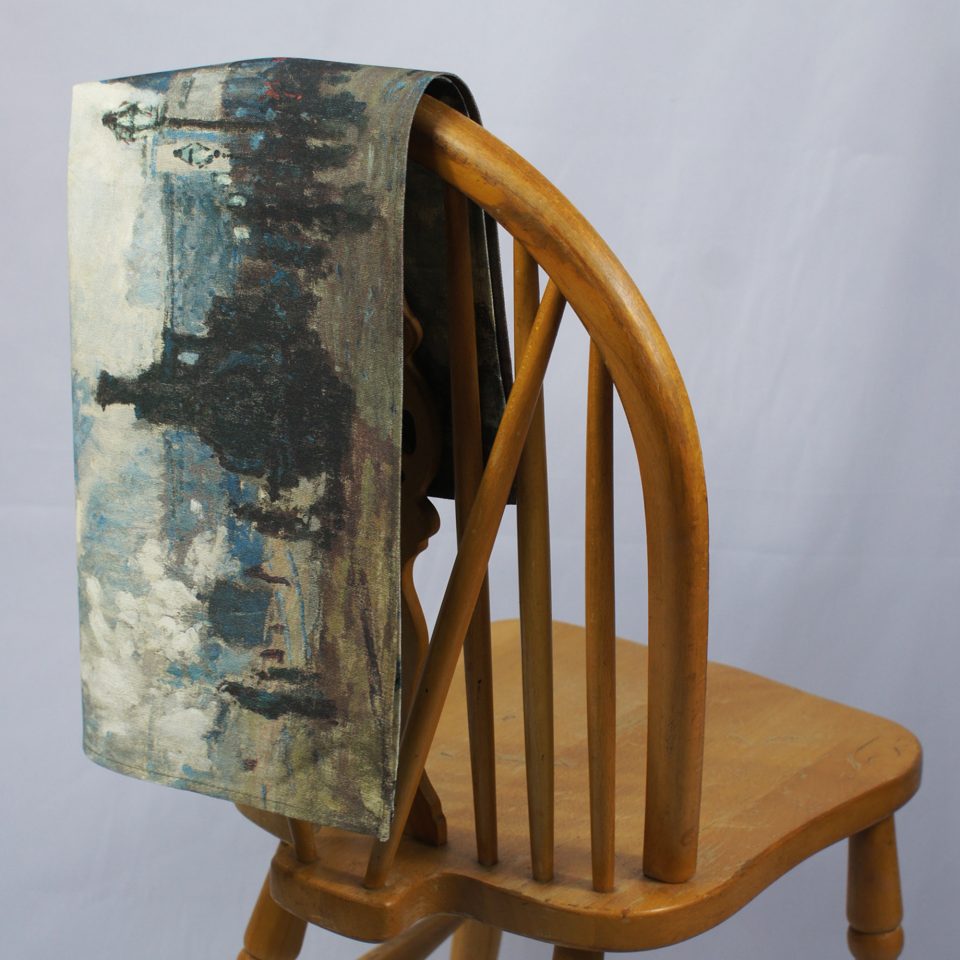 NATIONAL GALLERY GARE ST LAZARE CLAUDE MONET TEA TOWEL ON CHAIR